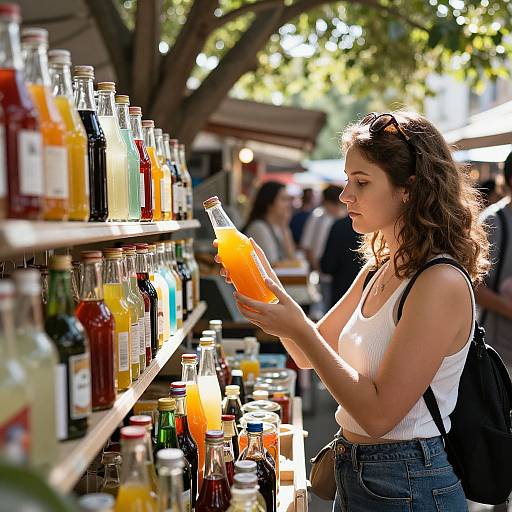 Photograph of a curly-haired woman in a white tank top and jeans, selecting an orange bottle from a sunlit outdoor shelf of various colorful bottles.