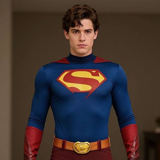 Photograph of a young man with dark, curly hair, wearing a blue Superman suit with red accents, yellow 