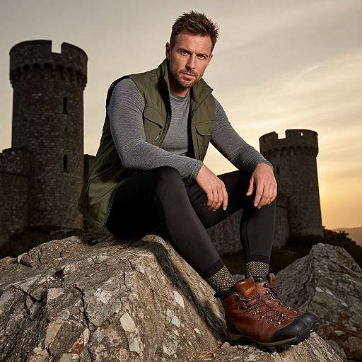 Photograph of a bearded man with short brown hair, wearing a green vest, gray long-sleeve shirt, black pants, and brown lace