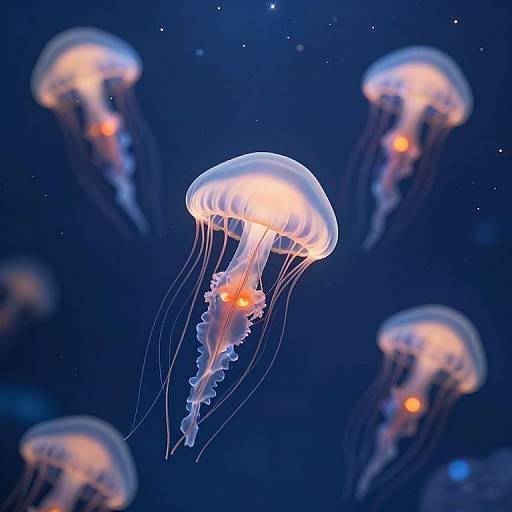 Photograph of glowing jellyfish with translucent, bell-shaped bodies and long, wavy tentacles, floating in a dark, starlit ocean.