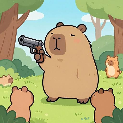 Cartoon-style illustration of a chubby, tan hamster holding a gun, standing in a green forest with three smaller hamsters and another hamster in