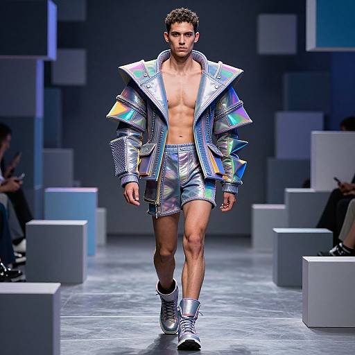 Photograph of a male model on a runway, wearing a metallic, iridescent jacket and shorts, silver boots, and a confident expression. Background