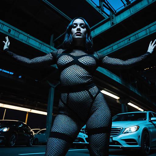 Fit Woman in Sheer Fishnet Dress Under Urban Overpass
