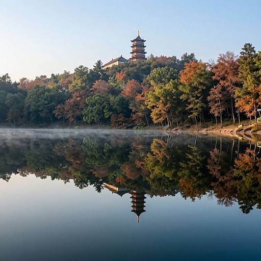 Photograph of a serene lakeside scene with a traditional Japanese pagoda atop a forested hill, reflected perfectly in the calm water. Autumn foliage in
