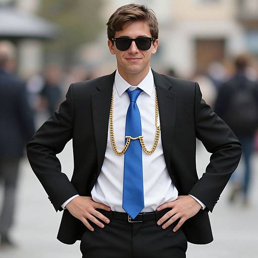 Photograph of a confident, brown-haired man in a black suit, white shirt, blue tie, gold chain, and black sunglasses, standing hands on