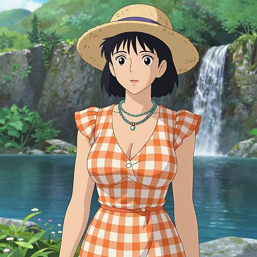 Digital anime-style drawing of a cute woman with short black hair, wearing an orange checkered dress, straw hat, green necklace, standing in front of