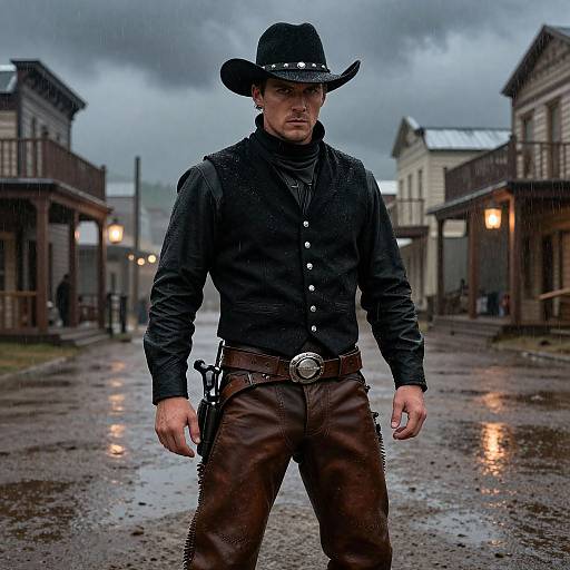Photograph of a serious, muscular man in black cowboy attire with hat, standing on a rainy, Western street at dusk.