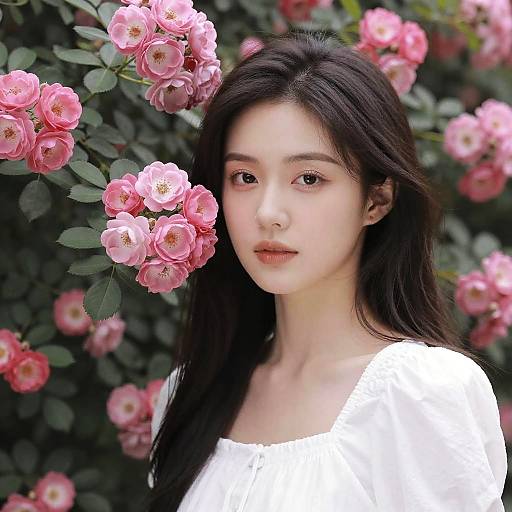Photograph of an East Asian woman with long black hair, wearing a white blouse, standing amidst pink roses, with a soft, natural light background.