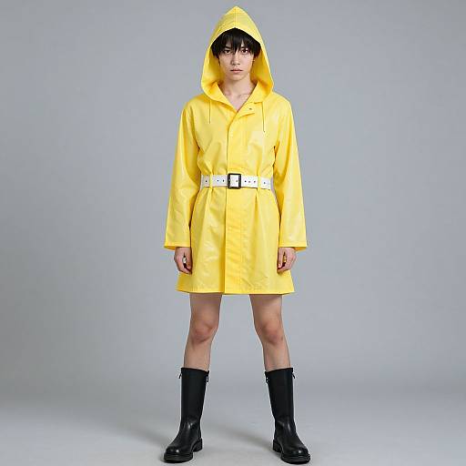 Photograph of a young woman with straight black hair wearing a bright yellow raincoat with hood, white belt, black boots, and standing against a plain