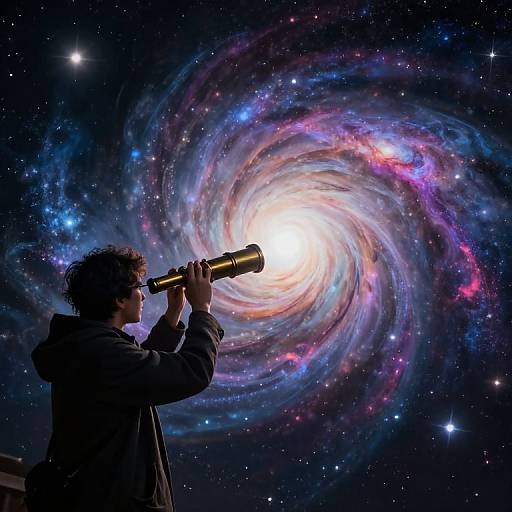Photograph of a person with curly hair, wearing a dark jacket, using binoculars to gaze at a vibrant, colorful spiral galaxy in a star