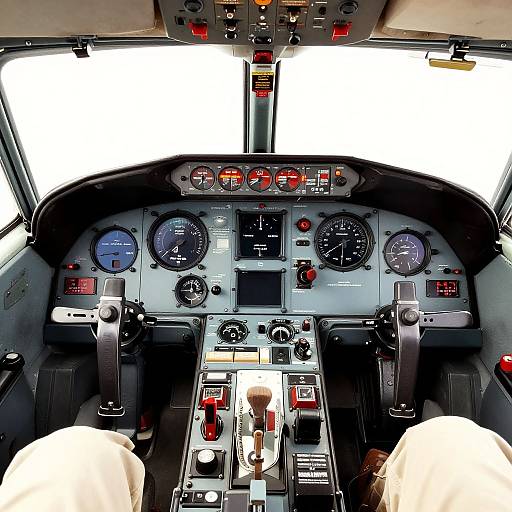 Photograph of a commercial airplane cockpit viewed from the pilot's seat, showing detailed control panels, dials, and white-clad pilot's hands.
