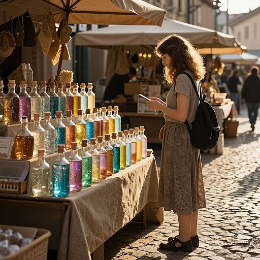 Photograph of a curly-haired woman in a brown dress and backpack, examining colorful glass bottles on a sunny cobblestone market stall.