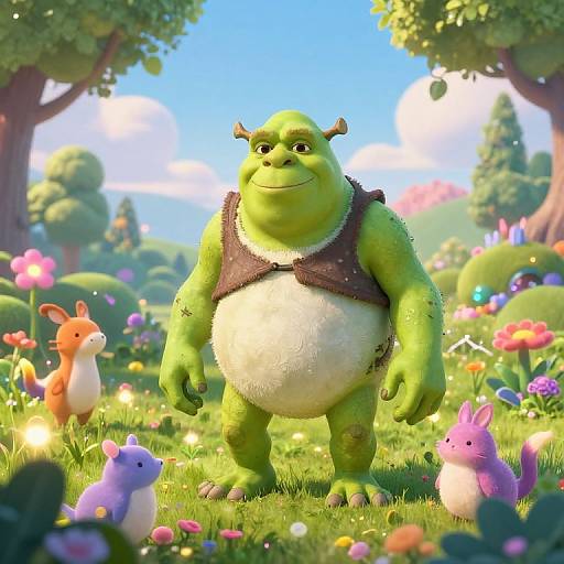 CGI image of a green, horned, chubby ogre with a furry white belly, brown vest, standing in a colorful, vibrant garden with