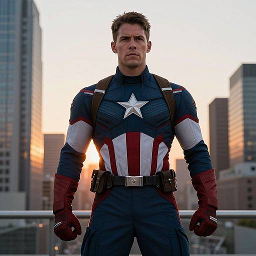 Photograph of a muscular man in Captain America's costume, standing on a rooftop at sunset, city skyline in background.