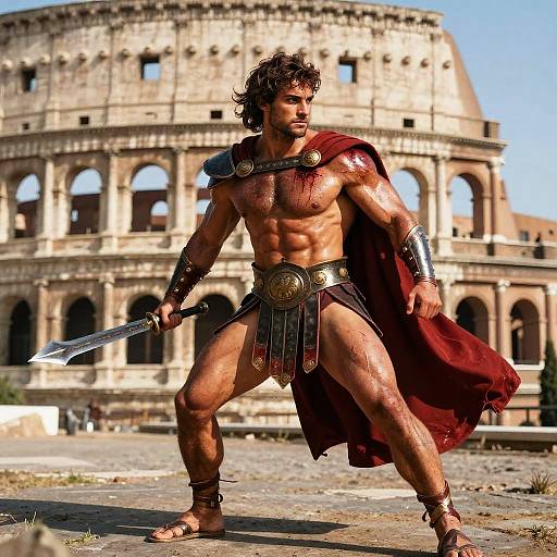 Photograph of a muscular, shirtless man with curly brown hair, wearing gladiator armor and a red cape, holding a sword, standing in front