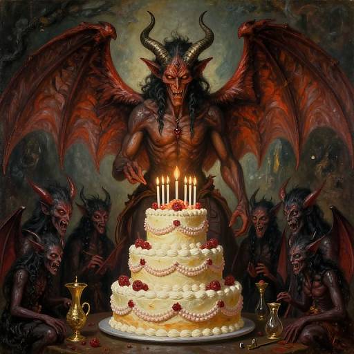 Digital painting of a muscular, red-skinned demon with horns and wings, holding a candlelit, flower-decorated cake, surrounded by dark,