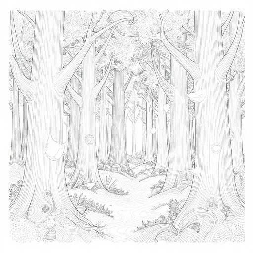 Black-and-white line drawing of a dense forest with tall, thick-trunked trees, intricate branches, and sparse underbrush, creating a serene,