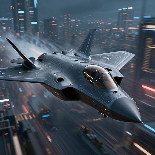 Futuristic Stealth Fighter Over Sci-Fi City