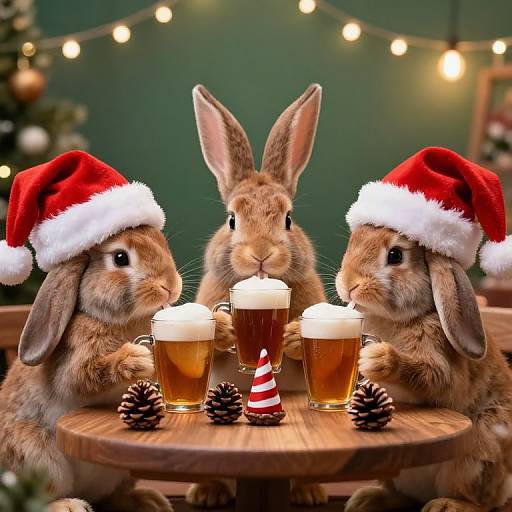 Photograph of three brown rabbits wearing red Santa hats, sipping beer at a wooden table with pinecones, Christmas lights, and a festive candle