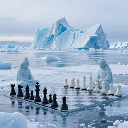 Photograph of two white stone statues playing chess on an ice-covered board, with large blue glaciers in the background.