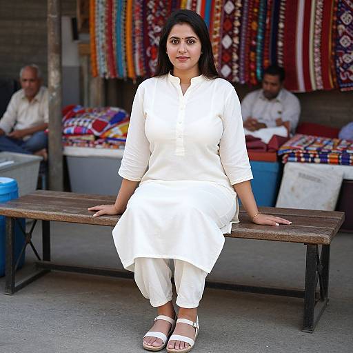 Photograph of a young South Asian woman with long black hair, wearing a white traditional kurta and white pants, sitting on a wooden bench, with
