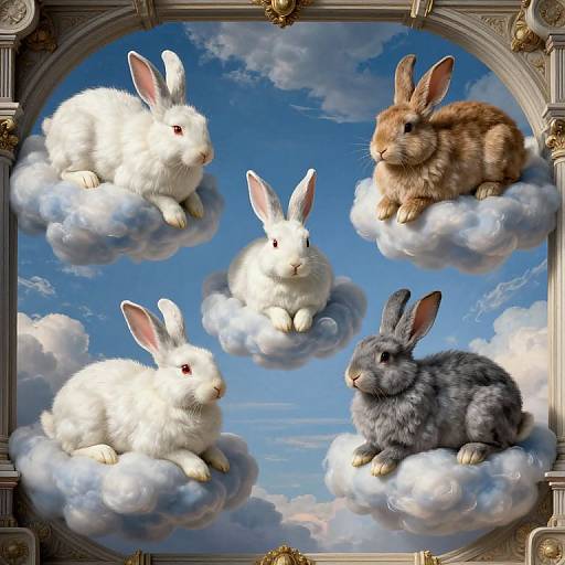 Photorealistic digital artwork of five fluffy rabbits, each on a cloud, against a vivid blue sky with white clouds. Framed with ornate,