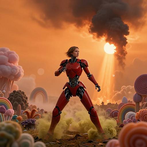 Digital art of a red, metallic, humanoid warrior with glowing eyes, standing heroically amidst a colorful candy landscape at sunset, with a fiery explosion in