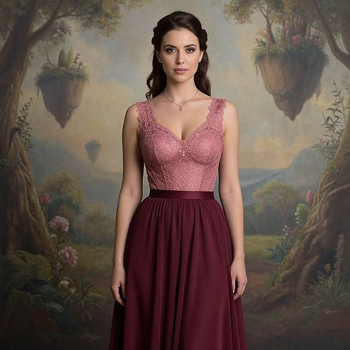 Photograph of a fair-skinned woman with dark hair, wearing a pink lace bodice and maroon skirt, standing in a whimsical forest background
