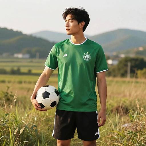 Photograph of a young Asian man with short black hair, wearing a green soccer jersey and black shorts, holding a black-and-white soccer ball, standing