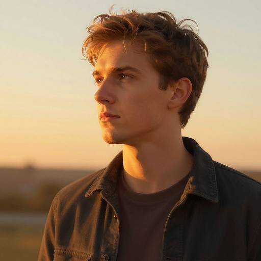 Photograph of a young man with tousled brown hair, wearing a dark shirt, illuminated by golden sunset light, gazing to the side.