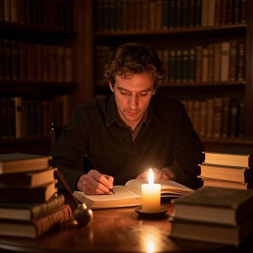 Photograph of a focused man with curly brown hair, wearing a black shirt, writing in an open book by candlelight, surrounded by stacked books in