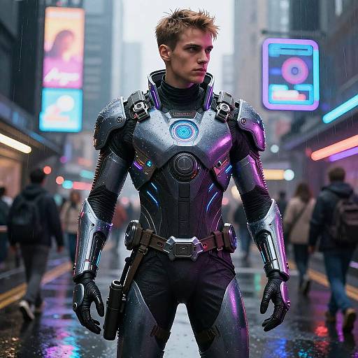 Photorealistic CGI of a muscular, young man in a futuristic, black and silver armored suit, standing in a neon-lit, rainy city street