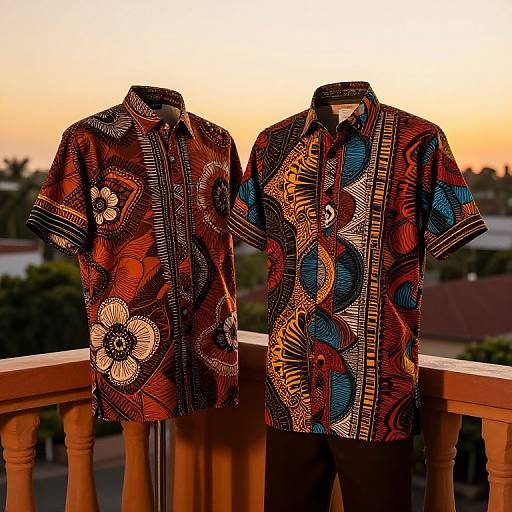 Photograph of two vibrant, patterned African-style shirts with floral and geometric designs, displayed on a balcony railing at sunset.