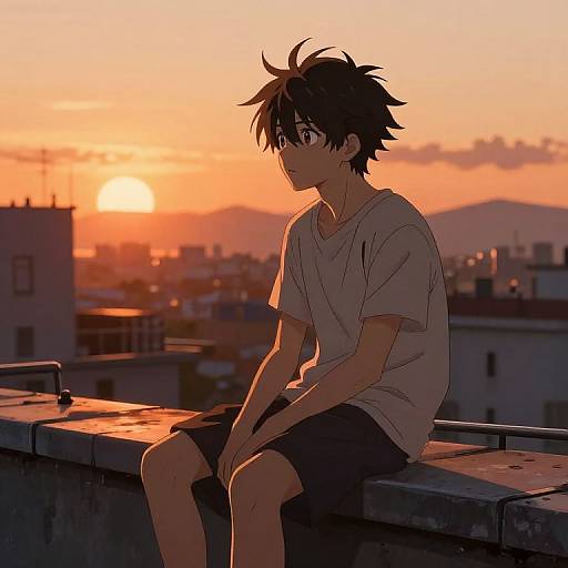 Anime-style digital drawing of a young boy with spiky black hair, wearing a white t-shirt and black shorts, sitting on a rooftop at sunset,