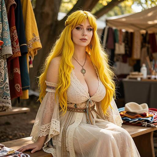 Photograph of a fair-skinned woman with long, vibrant yellow hair, large breasts, and lace off-shoulder dress, sitting at an outdoor
