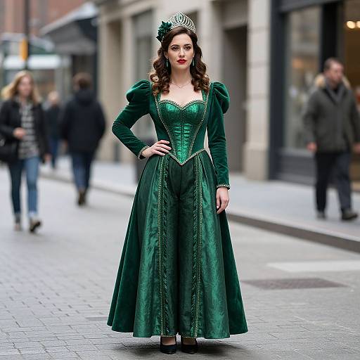 Photograph of a fair-skinned woman with red lipstick, wearing a green velvet Victorian-style gown, silver tiara, and black shoes, standing on