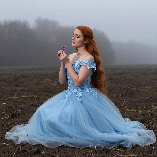 Photograph of a fair-skinned, red-haired woman in an off-shoulder, blue lace and tulle gown, kneeling in a foggy