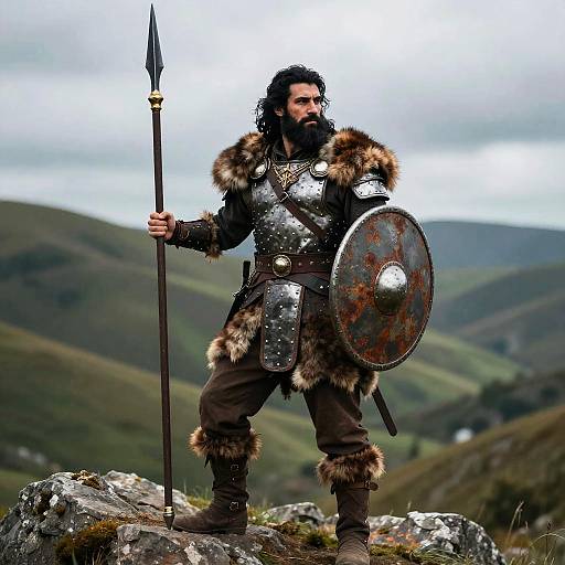 Photograph of a bearded Viking warrior with black hair, fur-trimmed armor, holding spear and rusted shield, standing on rocky hill.