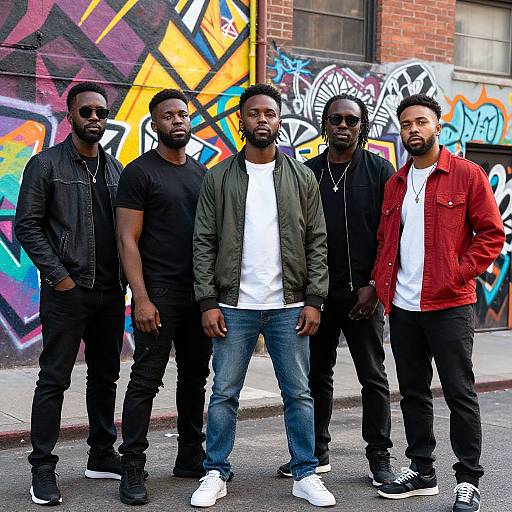 Photograph of five black men standing in front of colorful graffiti-covered brick wall, wearing black and red casual outfits, all with beards and sunglasses.