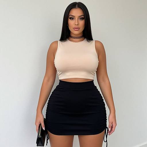 Photograph of a young woman with long black hair, wearing a white crop top, black high-waisted skirt, black choker, and holding