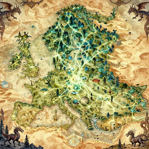 Fantasy top-down map with vibrant, swirling colors, depicting a forest with glowing blue and green pathways, surrounded by dragons. Digital art with intricate,