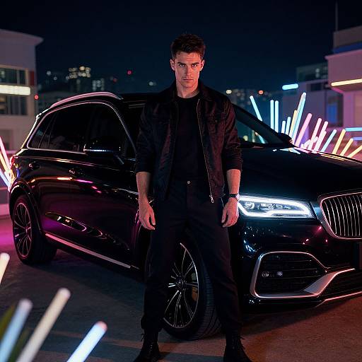 Confident Man Beside Neon-Lit SUV