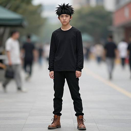 Photograph of an Asian teenage boy with spiky black hair, wearing a black long-sleeve shirt, black pants, and brown boots, standing