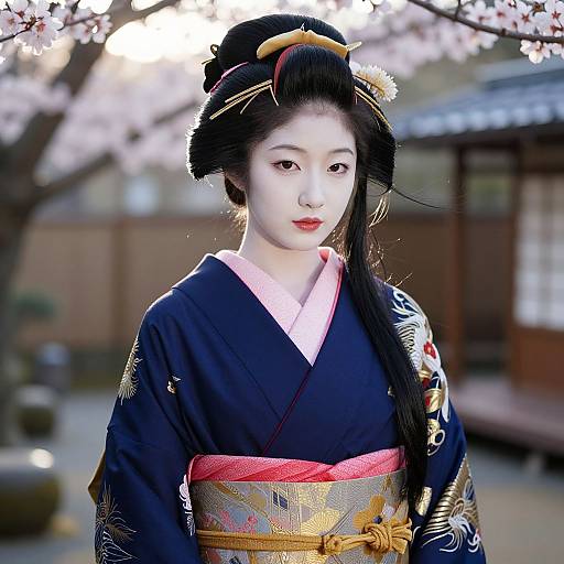 Photograph of an elegant Japanese woman in traditional black kimono with pink sash, adorned with gold patterns, black hair in intricate updo, standing