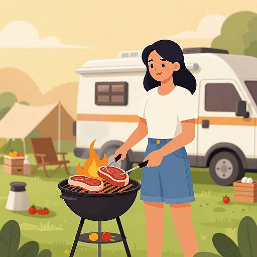 Digital illustration of a young woman with black hair, wearing a white shirt and blue skirt, grilling steak at a campsite, with a white RV