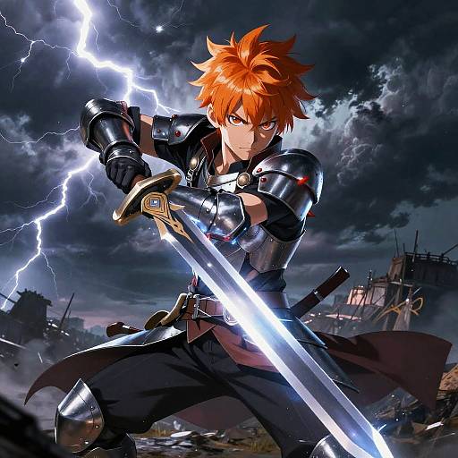 Dynamic anime-style illustration of a fiery-haired warrior with glowing orange eyes, wielding a lightning-enchanted sword, clad in dark armor, against a storm