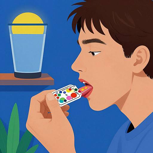 Digital illustration of a young man with dark hair, blue shirt, eating a playing card with a red tongue, beside a glass with a yellow sun,