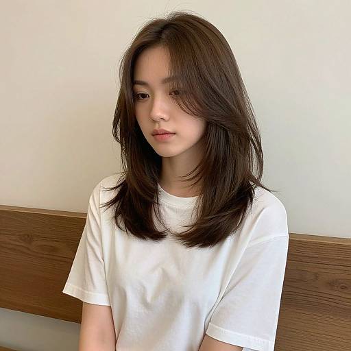 Photograph of an Asian woman with medium-length, straight black hair, wearing a plain white t-shirt, standing against a white wall and wooden bench.