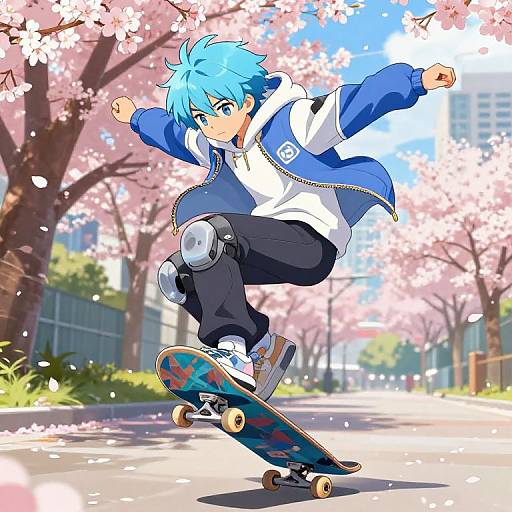 Anime-style drawing of a blue-haired boy with green eyes, wearing a blue and white jacket, black pants, and knee pads, skateboarding under cherry