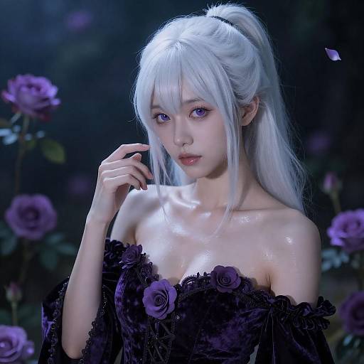 Mystical Girl in Gothic Velvet Dress with Purple Roses